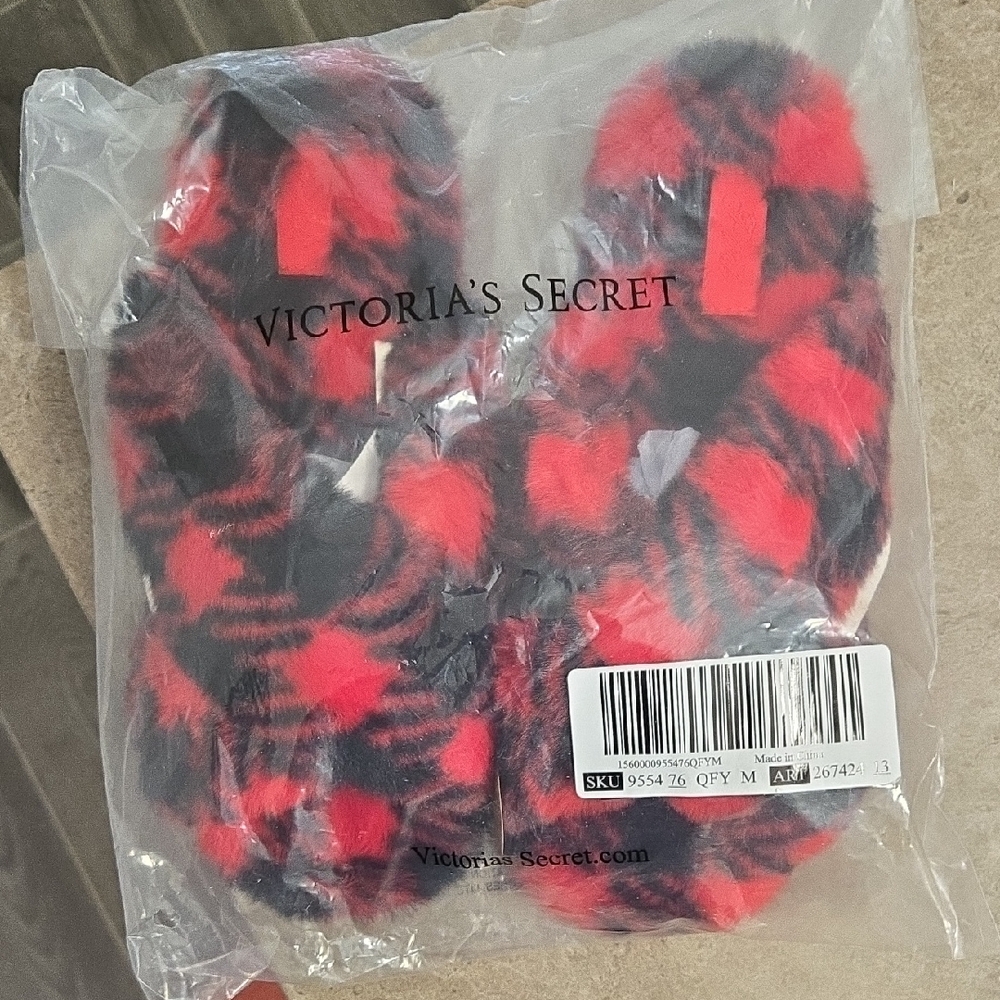 Victoria's Secret Red and Black Plush Slippers
